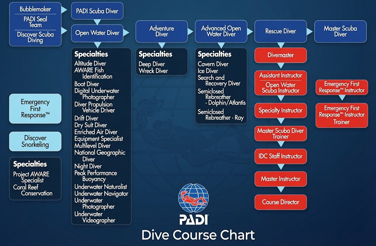 PADI dive course chart showing the full training pathway from beginner Open Water through professional Divemaster and Instructor levels